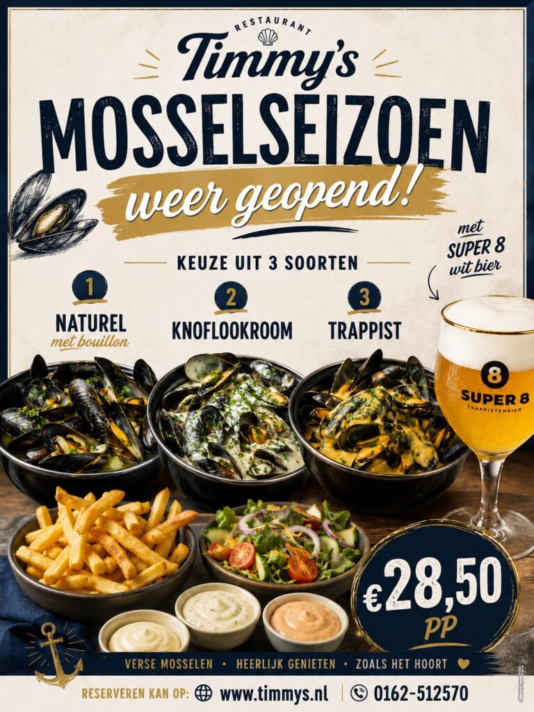 het mosselseizoen is weer gestart bij Timmy’s Restaurant! Geniet van een heerlijke pan mosselen, geserveerd met knapperige frietjes, frisse salade, smaakvolle sausjes én een glas Super 8 witbier.